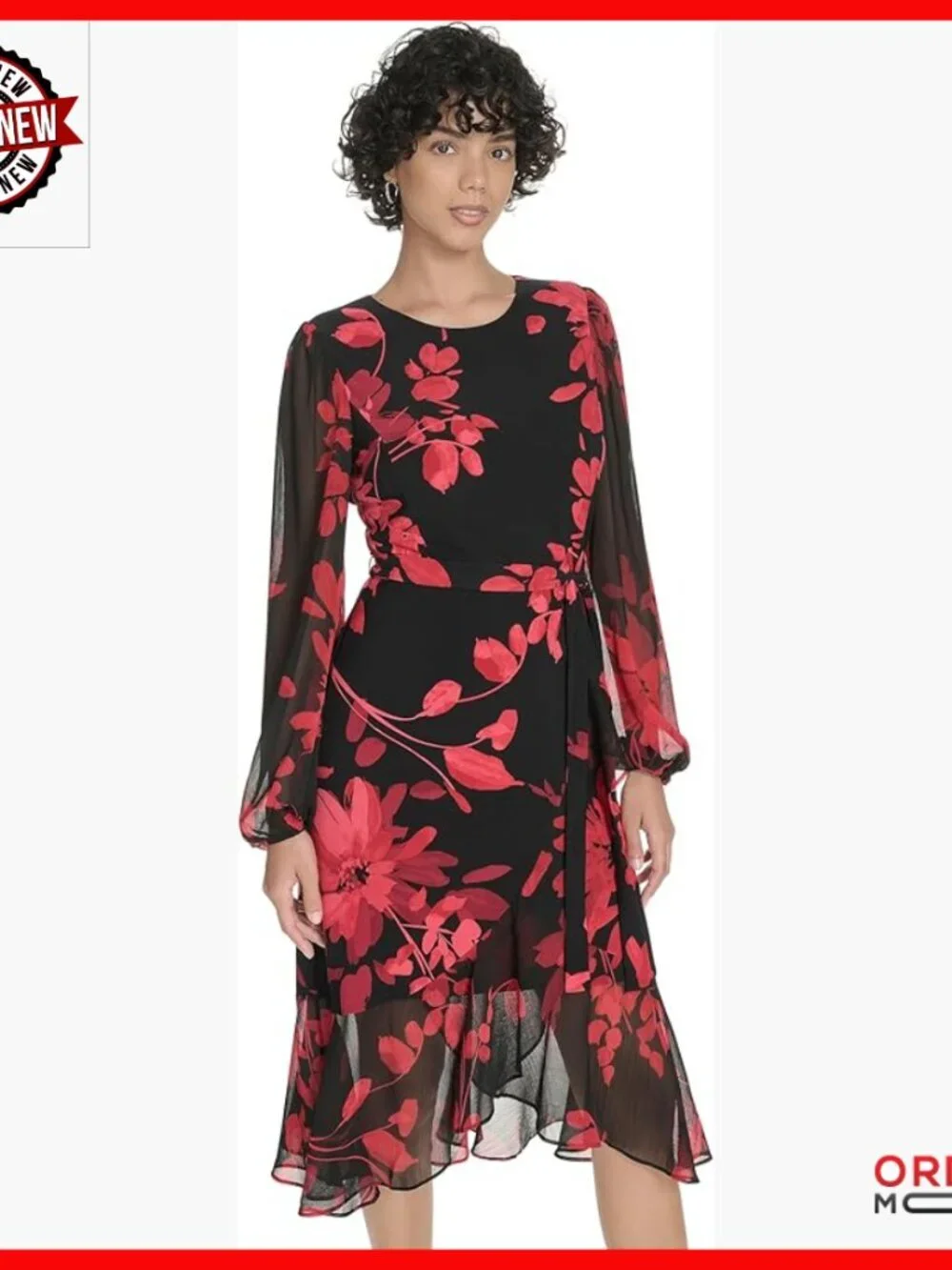 Long Sleeve Midi Dress with Balloon Sleeves Velvet Wrap Flutter Hem